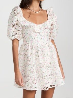 For Love & Lemons White Eyelet Mini Dress with Pink & Mint Floral